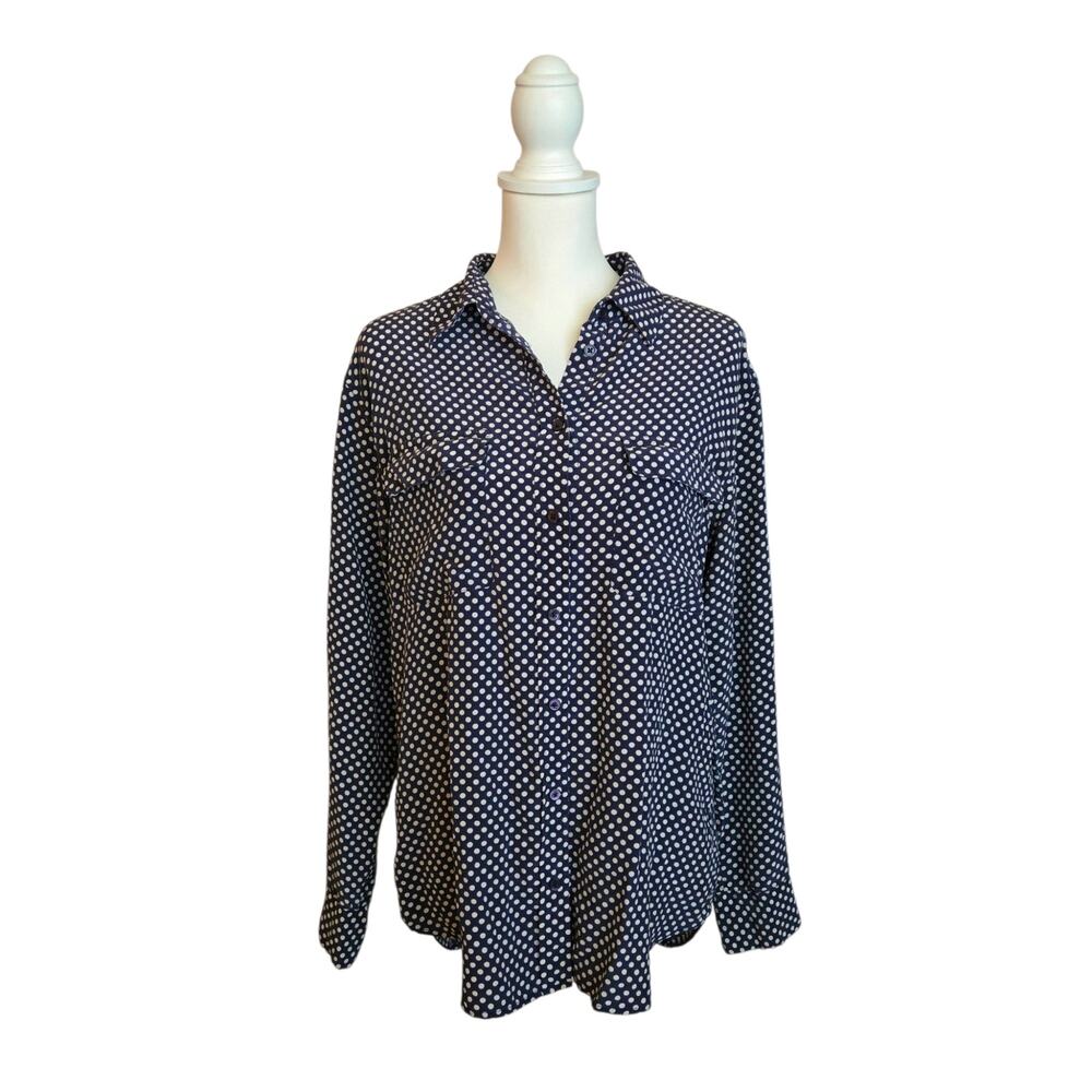Preppy Polished Polka Dot 100% Silk Button Up Shirt Size M Navy White Equipment
